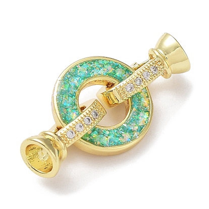 Rack Plating Brass Micro Pave Clear Cubic Zirconia Fold Over Ring Clasps, with Resin Imitation Opal, Cadmium Free & Lead Free, Real 18K Gold Plated, Long-Lasting Plated