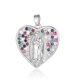 Латунные микро-паве красочные кубические циркониевые подвески, сердце с подвесками Девы Марии