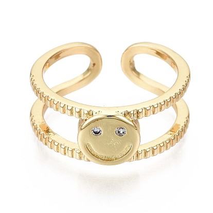 Brass Micro Pave Clear Cubic Zirconia Cuff Rings, Open Rings, Nickel Free, Smiling Face