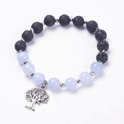 Bracelets de charme de perles de pierre de lave naturelle, avec des pendentifs en alliage, pierres précieuses naturelles et perles d'hématite synthétiques non magnétiques, Emballage en toile de jute, arbre de la vie