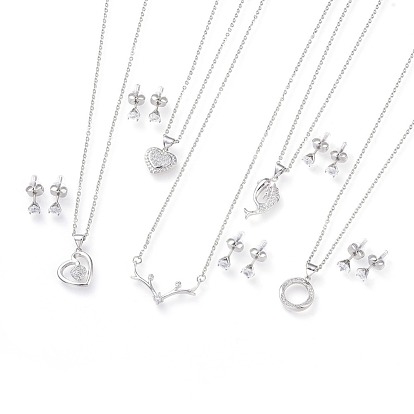 304 Stainless Steel Jewelry Sets, Brass Micro Pave Cubic Zirconia Pendant Necklaces and 304 Stainless Steel Stud Earrings, with Ear Nuts/Earring Back, Mixed Shapes, Clear