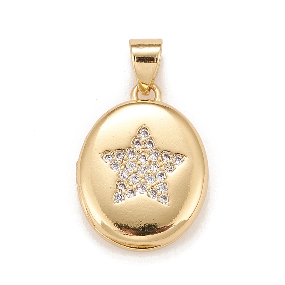 Brass Micro Pave Cubic Zirconia Locket Pendants, Photo Frame Charms for Necklaces, Real 18K Gold Plated, Lead Free & Cadmium Free, Oval with Star