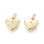 Golden Plated Brass Charms, with Cubic Zirconia and Jump Rings, Heart with Word Mom, for Mother's Day