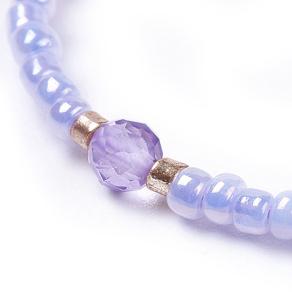 Bracelets perlés tressés avec fil de nylon réglable, avec perles de rocaille en verre et perles rondes à facettes de pierres précieuses naturelles