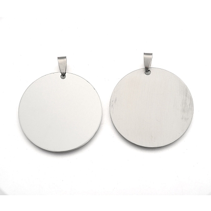 201 pendentifs d'étiquettes vierges rondes plates en acier inoxydable, avec bélières snap on, 42x42x1mm, Trou: 3mm