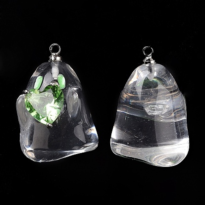 Halloween Transparent Acrylic Enamel Pendants, with Platinum Plated Brass Loops and Light Green Glass, Ghost Charm