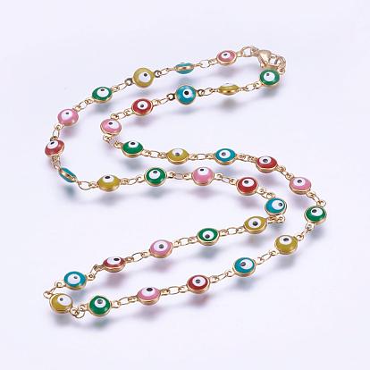 304 Stainless Steel Chain Necklaces, with Enamel and Lobster Claw Clasps, Ion Plating (IP), Flat Round with Evil Eye