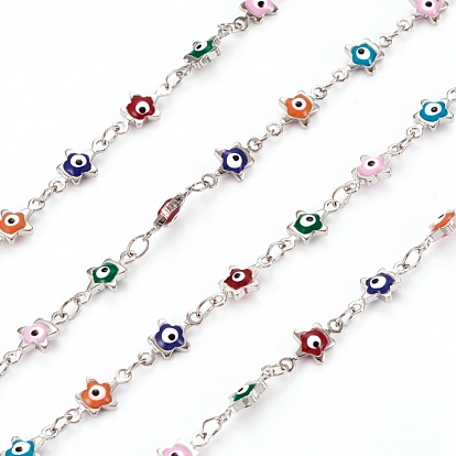 Handmade Brass Link Chains, with Enamel and Spool, Soldered, Long-Lasting Plated, Star with Evil Eye