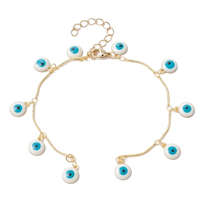 Handmade Textured Brass Bar Link Chains Bracelet Making, with Enamel Evil Eye Charm & Lobster Claw Clasp, Fit for Connector Charms