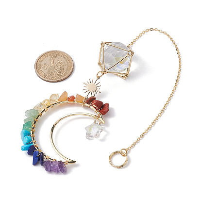 Natural & Synthetic Gemstone Chip Pendant Decorations with Brass Moon & Cable Chain, Faceted Round Glass Crystal Ball & Star Prism Suncatchers