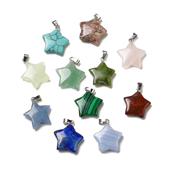 Gemstone Pendants, Star Charms, with Platinum Tone Stainless Steel