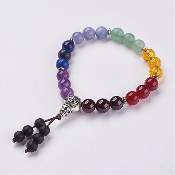 Natural Gemstone Stretch Bracelets, with Tibetan Style Alloy Findings