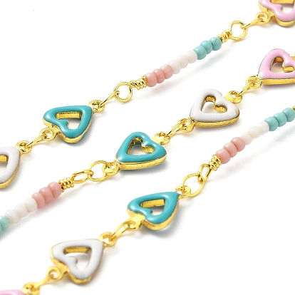 Handmade Brass Enamel Heart Link Chains, Glass Beaded Chains, Real 18K Gold Plated, Soldered, with Spool, Cadmium Free & Lead Free