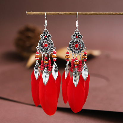 Feather Chandelier Earrings, Antique Silver Plated Alloy Jewelry for Women