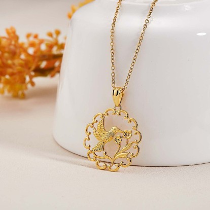 Collier pendentif colibri et fleur, bijoux en laiton pour femmes