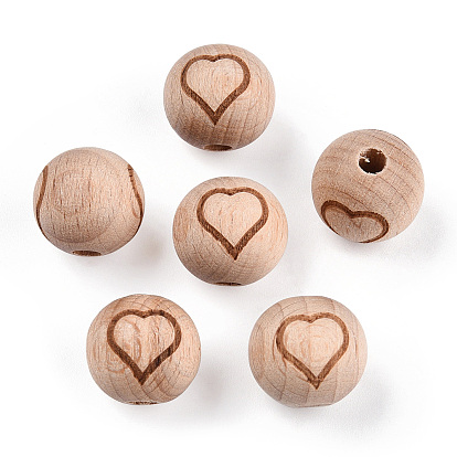 Cuentas de madera de haya grabadas, rondo, burlywood, sin teñir, redondo con patrón de corazón/luna/arcoíris