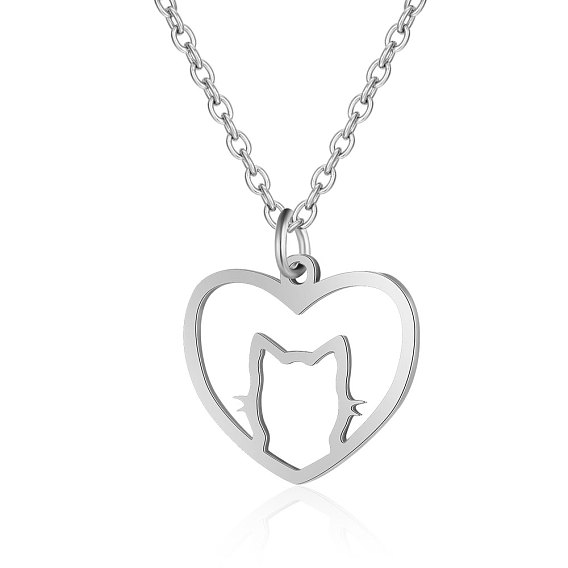 201 Stainless Steel Kitten Pendant Necklaces, with Cable Chains, Hollow Heart with Cat Head