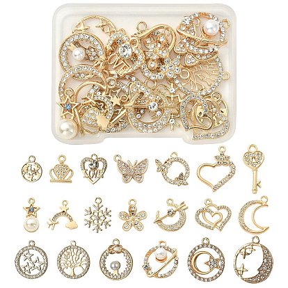 20 piezas 20 colgantes de diamantes de imitación de cristal de aleación de estilo, con perlas de imitación de plástico abs, encantos de corazón, árbol, mariposa, luna y corona