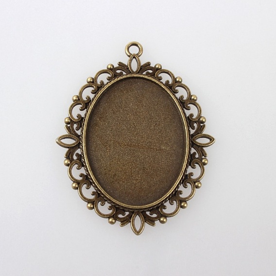 Large Vintage Tibetan Style Alloy Pendant Cabochon Settings, Plain Edge Bezel Cups, Cadmium Free & Nickel Free & Lead Free, Oval Tray: 30x40mm, 61x48x2.5mm, Hole: 3mm, about 86pcs/kg
