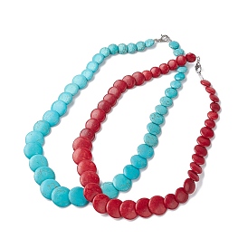 Dyed Synthetic Turquoise Flat Round Graduated Beaded Necklaces, with Iron Clasps