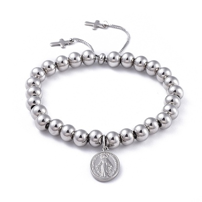 Bracelets coulissants réglables en acier inoxydable 304, bracelets bolo, croix et ovale avec vierge marie