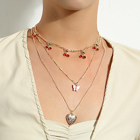 Cherry Blossom Heart Necklace with Red Cover and Multi-layered Pink Butterfly Pendant Jewelry