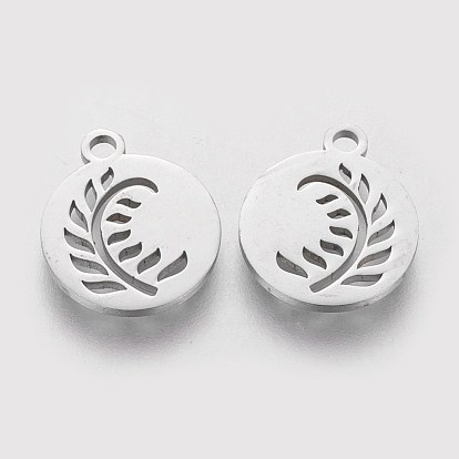 304 Stainless Steel Charms, Flat Round with Leaf