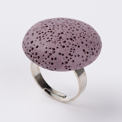 Flat Round Adjustable Lava Rock Finger Rings, with Brass Findings