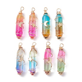 2Pcs 2 Style Two Tone Glass Double Terminated Point Beads Pendants Set, Moon & Star Golden Copper Wire Wrapped Charms