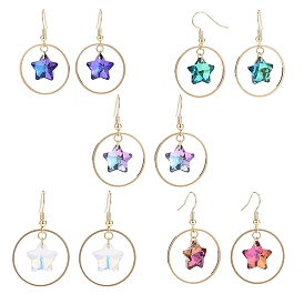 Bling Glass Star Dangle Earrings, Golden Brass Jewelry for Women