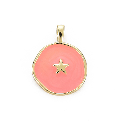 Brass Enamel Pendants, Cadmium Free & Nickel Free & Lead Free, Real 16K Gold Plated, Flat Round with Star