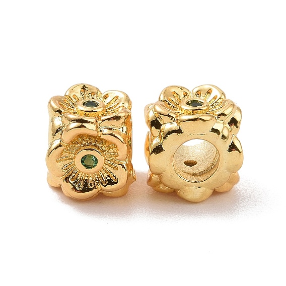 Brass Rhinestones Beads, Cube with Flower, Long-Lasting Plated