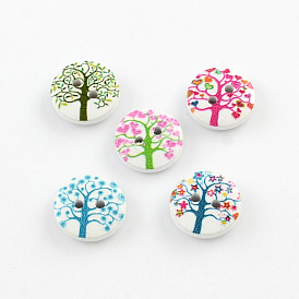 2-Hole Tree Pattern Printed Wooden Buttons, Flat Round, 15x4mm, Hole: 2mm