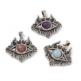 Halloween Natural Gemstone Pendants, Eye with Skull Charms, with Antique Silver Plated Brass Findings