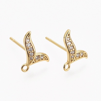 Brass Micro Pave Clear Cubic Zirconia Stud Earring Findings, with Silicone Ear Nuts, with Loop, Long-Lasting Plated, Fishtail