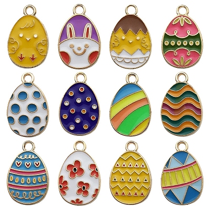 Easter Themed Alloy Enamel Pendants, Egg Shape Charms, Golden