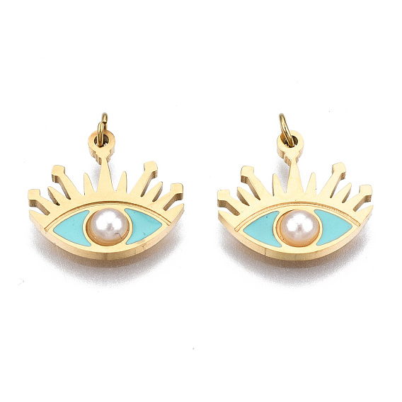 316 Surgical Stainless Steel Enamel Charms, with Jump Rings and ABS Plastic Imitation Pearl Bead, Real 14K Gold Plated, Eye