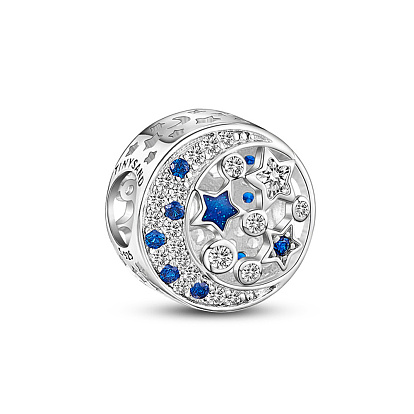 TINYSAND 925 Sterling Silver European Bead, with Cubic Zirconia, Flat Round with Moon & Star