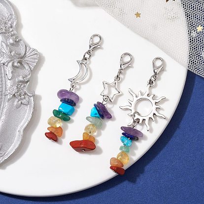 3 piezas 3 estilos joyas de chakra decoraciones colgantes de piedras preciosas naturales y sintéticas, con eslabones de aleación y cierres de pinza de langosta de aleación de zinc, estrella/luna/sol