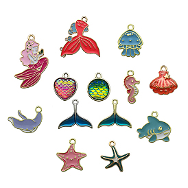 Pendentifs en émail , Thème de l'océan, Sirène et hippocampe et étoile de mer et coquille et requin et queue et charme de dauphin