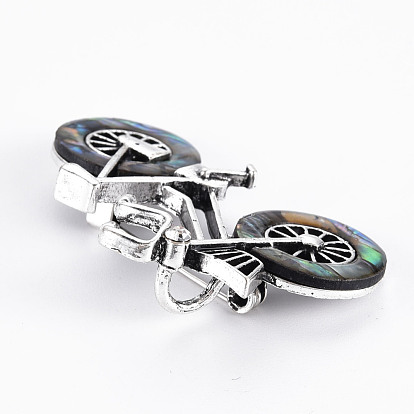 Bicycle Shape Natural Shell Brooch Pin, Alloy with Rhinestone Lapel Pin for Backpack Clothing, Lead Free & Cadmium Free, Antique Silver