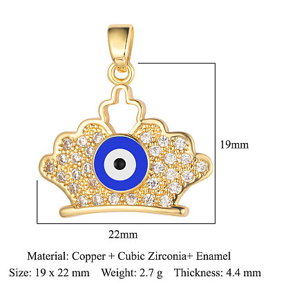 3Pcs Brass Micro Pave Cubic Zirconia Pendants, Crown with Evil Eye Charms