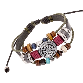 PU Leather Braided Bead Bracelet, with Alloy Finding and Wood Bead