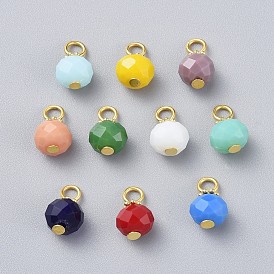 Electroplate Imitation Jade Glass Charms, with Alloy & Iron Findings, Faceted, Rondelle, Golden