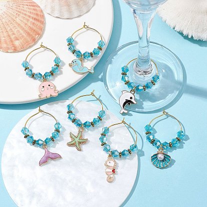 Ocean Theme Alloy Enamel Wine Glass Charms, with Glass Beads and Brass Charm Ring, Mixed Shapes