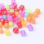 Transparent Acrylic Beads, Horizontal Hole, Cube with Letter
