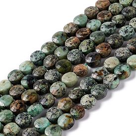 Brins de perles turquoises africaines naturelles (jaspe), facette, plat rond