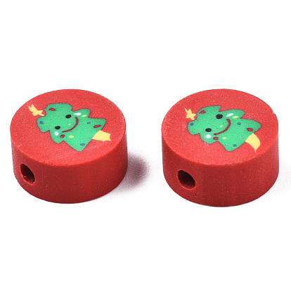 Handmade Polymer Clay Beads, Christmas Style, Flat Round with Christmas Tree