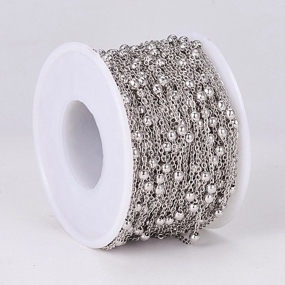 304 Stainless Steel Cable Chains, Satellite Chains, with Round Beads, Soldered, with Spool, Flat Oval