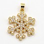 CZ Christmas Jewelry Brass Micro Pave Cubic Zirconia Snowflake Pendants, 22x17x2mm, Hole: 3mm